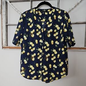 EUC Lemon Print Navy Blouse Medium Women's